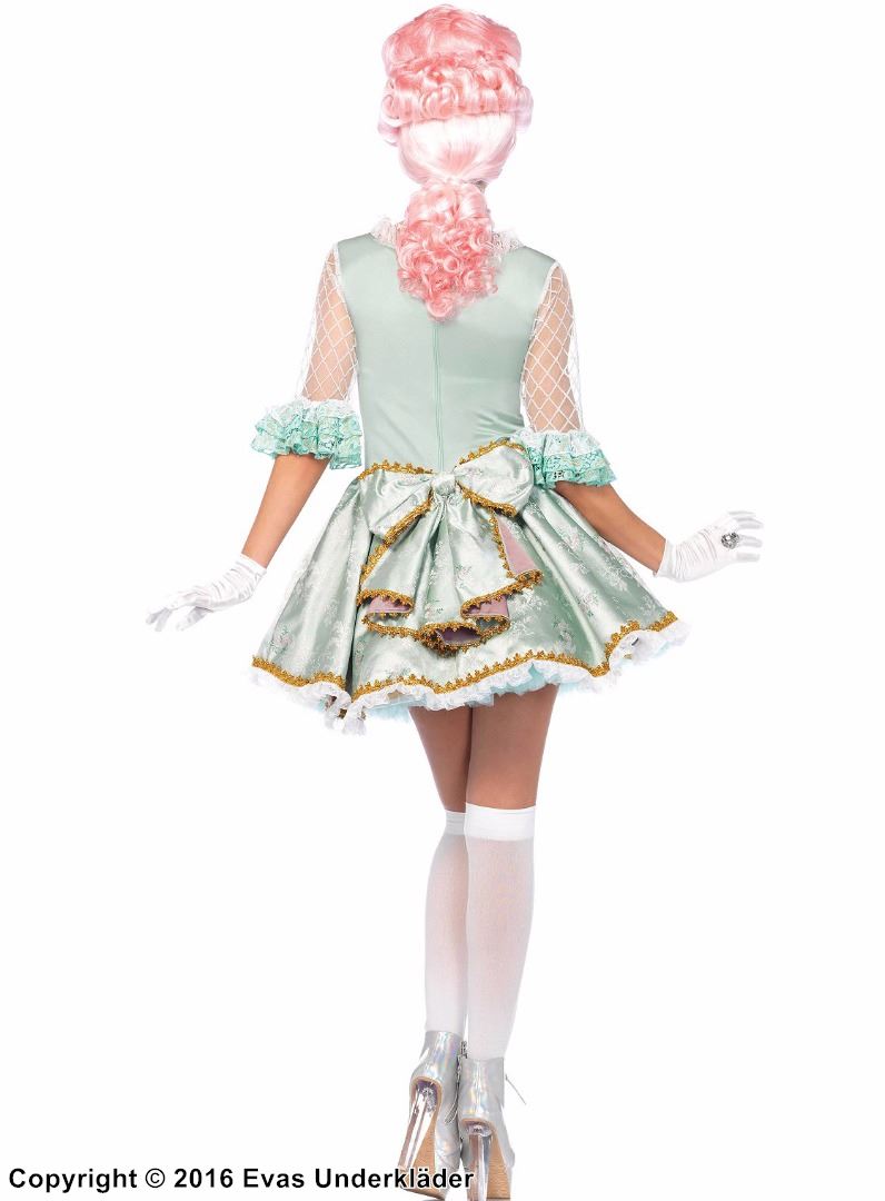 Queen Marie Antoinette, costume dress, brocade, lace trim, ruffles